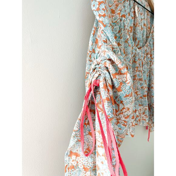 Anthropologie Floral Shirred Top Oversized Bohemian Hippie Tie Long Sleeves - Picture 6 of 11